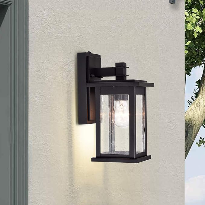 MICSIU 12.25" Dusk to Dawn Sensor Outdoor Wall Light, Textured Black Exterior Wall Sconce with Clear Seedy Glass, Anti-Rust Porch Light Fixtures for House, Garage, Patio, E26 Base, ETL Listed