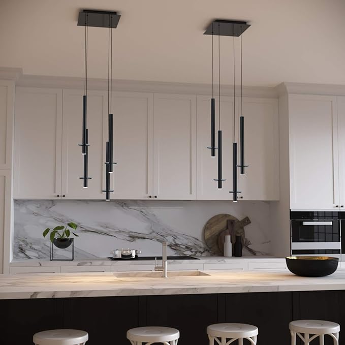 Draco 4 Pendant Lighting Black – LED Hanging Light Fixture for Kitchen Island, Bar, Foyer – Equilateral Cluster of Mini Metal Rod Pipe Tube Cylinders – Dimmable, Adjustable Wire, Lamp Bulb Included