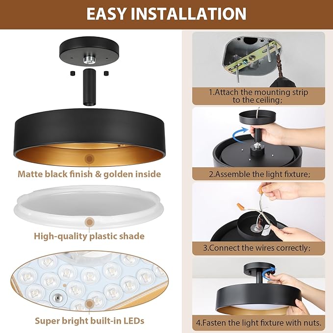 SunRider Semi Flush Mount LED Ceiling Light Fixture, 12-inch 25W 2000LM Black Pendant Lamp for Entrance Attic, Gold Inside, 3000K Warm White, Dimmable