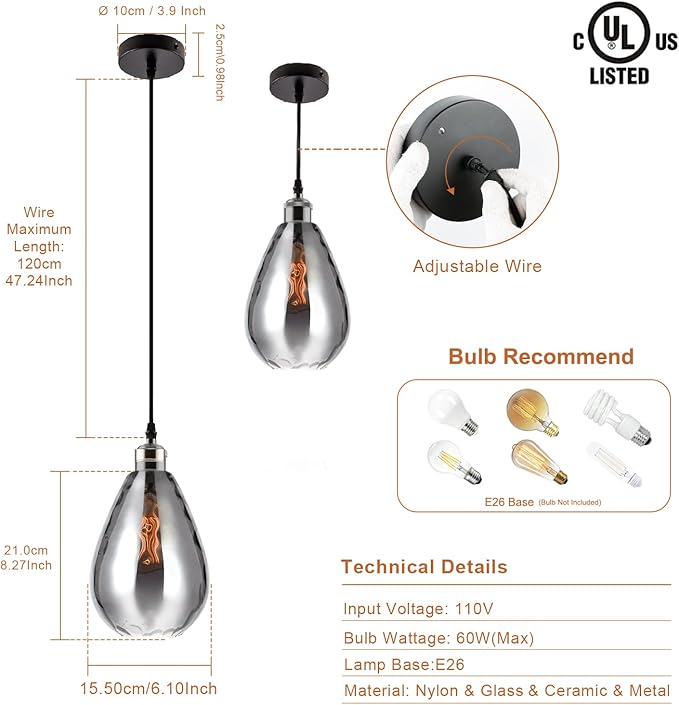 3 Packs Industrial Glass Pendant Lights for Kitchen Island, Modern Teardrop Chrome Mirror Effect Lighting Fixture Edison Hanging Light for Farmhouse Bar Area Over Sink Dining Room (Bulb Not Included)