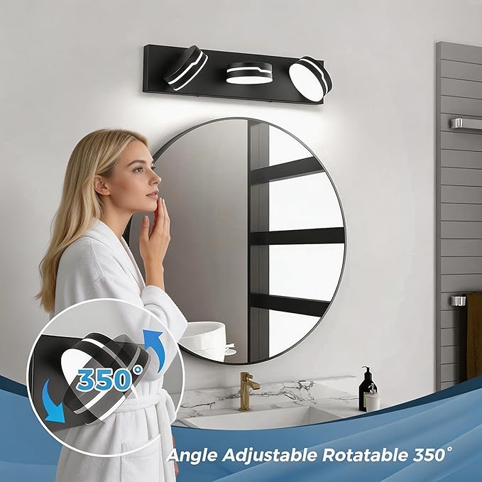 Vanity Lights for Bathroom, Matte Black Bathroom Light Fixtures Over Mirror, 3-Light Modern LED Wall Sconce Makeup Lighting, 350° Rotatable, Dimmable 6000K Cool White, Hardwired
