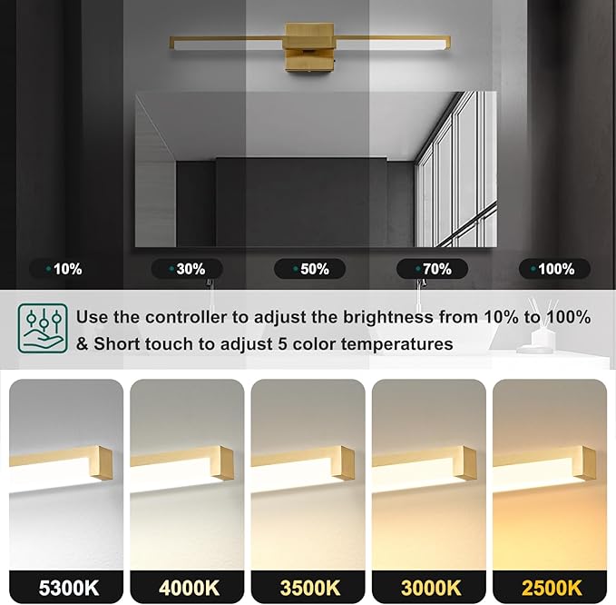 OKELI 24 Inch Bathroom Vanity Light Fixtures, Gold Modern Light Fixtures Over Mirror, 12W 5CCT Dimmable Wall Light