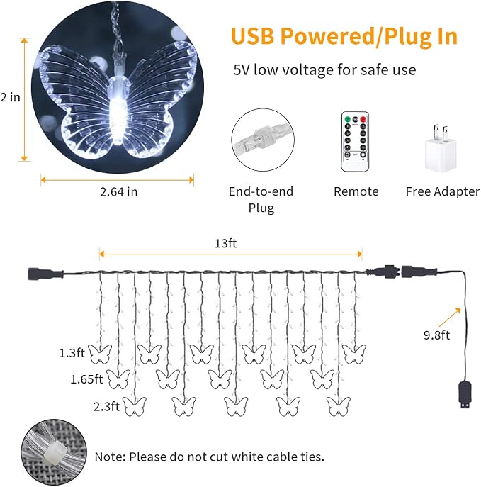 YOLIGHT Butterfly Curtain Lights 13ft 96 LED Twinkle Fairy Light Curtain String Lights with Remote, Butterfly Hanging Decoration for Bedroom Dorm Wall Patio Party Wedding Halloween Christmas (White)