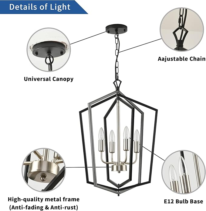 WJShome 18.1" Farmhouse Chandeliers for Dining Room, 4-Light Modern Foyer Lighting Fixture,Black and Silver Hanging Lantern Pendant Light, for Kitchen Island,Hallway,Entryway