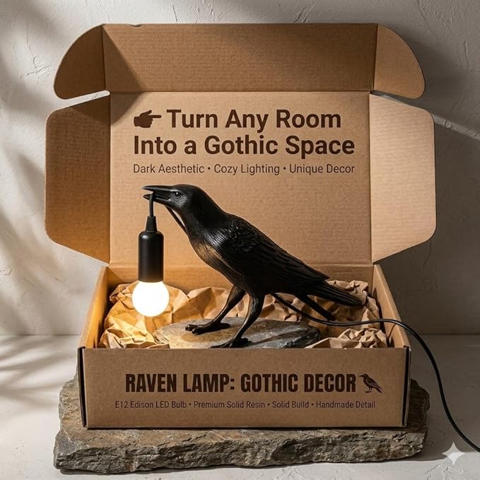 Shandaglo Raven Lamp Gothic Decor, Black Crow Table Lamp with LED Bulb, Unique Dark Aesthetic Night Light for Bedroom Desk, Halloween Home Decoration Gift