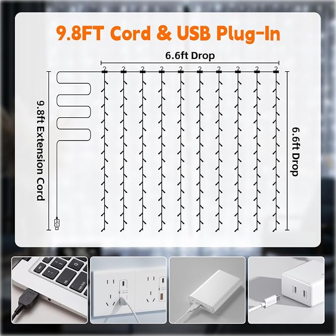 Curtain Light for Bedroom, 200LED 6.6x6.6ft White Window Wall Hanging Fairy Curtain String Light, 8 Modes Remote Fairy String Lights Indoor for Wedding Party Home Garden Decorations