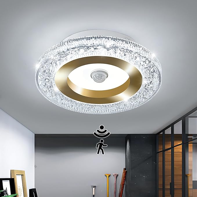 UOFUS 7.84inch Mini Motion Sensor LED Ceiling Light Indoor Wired Gold Flush Mount Light Fixture 6400K Motion Activated Light for Closet Hallway Laundry Stairs Shower Porch Garage Basement