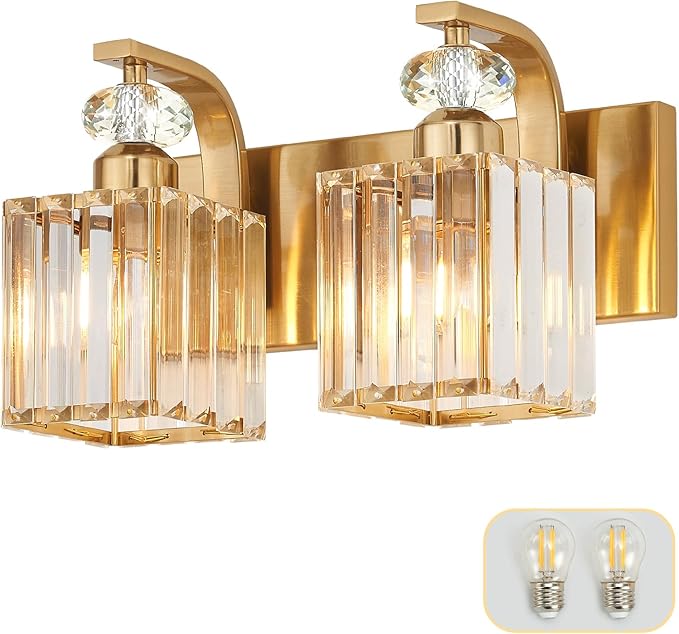 Modern Bathroom Vanity Light, 2-Light Gold Bathroom Lighting Fixtures Over Mirror, 12.6" Crystal Wall Light Sconce for Bathroom/Bedroom/Vanity, Includes LED Bulbs, Easy Installation