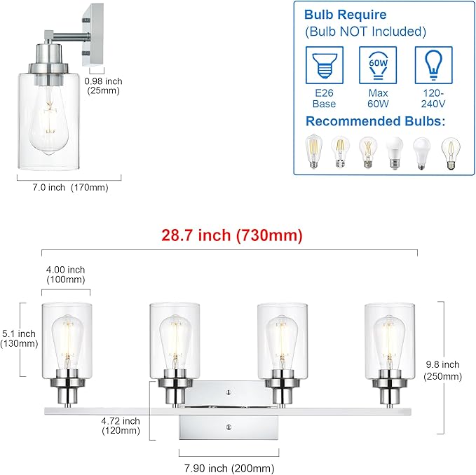 MELUCEE 4-Light Bathroom Lighting Fixtures with Clear Glass Shade Chrome Finish, Modern Vanity Light Wall Mount Lamp for Bedroom Dressing Table Mirror Cabinets Vanity Table (Patent No.: US D963914 S)