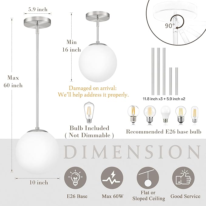 Bagood 10 Inch Globe Pendant Light Nickel Globe Pendant Lights Kitchen Island Mid Century Light Fixture with Milky White Glass Contemporary Adjustable Hanging Lights for Dining Room (Bulb Included)