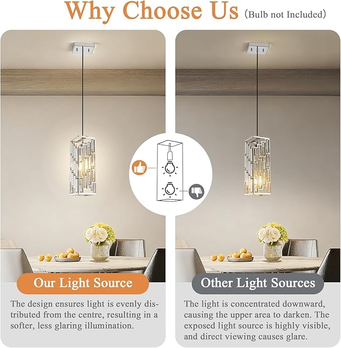 Chrome Pendant Lights Kitchen Island 2 Pack, Adjustable Modern Pendant Light Fixtures, Mini Crystal Chandeliers for Dining Room Bedroom Foyer Hallway