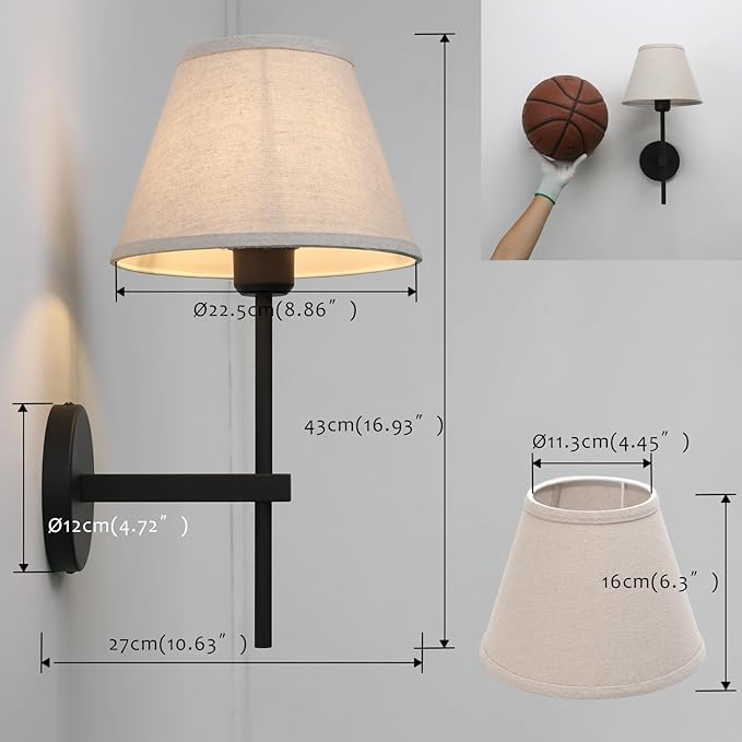 Pathson Vintage Linen Wall Sconce Big Flared Fabric Lampshade, Hardwired Wall Vanity Light Fixture Upwards Install, Indoor Bedside Lamp Victorian Decor for Living Room, Stairwell, Fireplace, Foyer