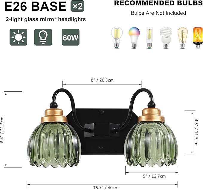Vintage Bathroom Vanity Light, 2 Light Bathroom Lighting Fixtures Over Mirror, Mid Century Style Farmhouse Light Fixtures with Green Glass Shades, Black Finish Wall Mount for Bedroom , Living Room