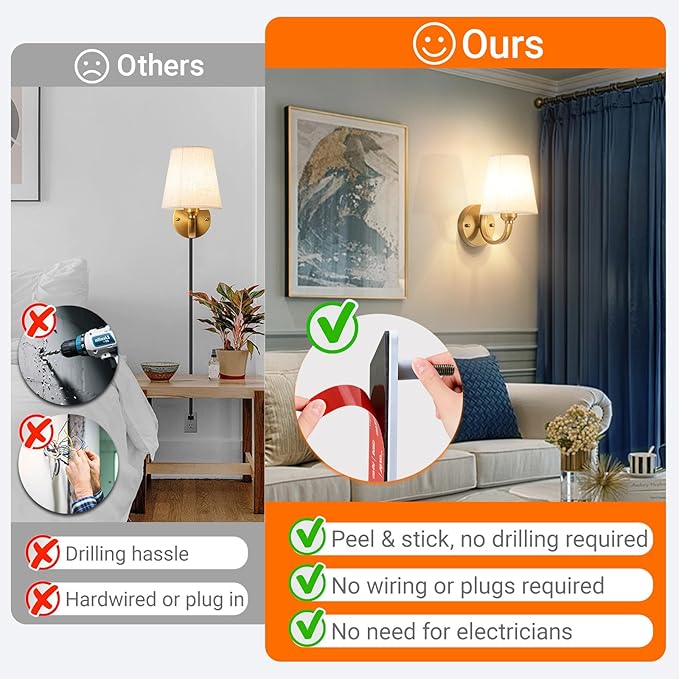 YHCDLAMP Peel and Stick Wall Sconces, No Drilling Stick On Wall Sconce, Wireless Battery Operated Wall Lights, Adhesive Wall Lamp with 10000mAh Battery Bulb for Bedroom Living Room Decor