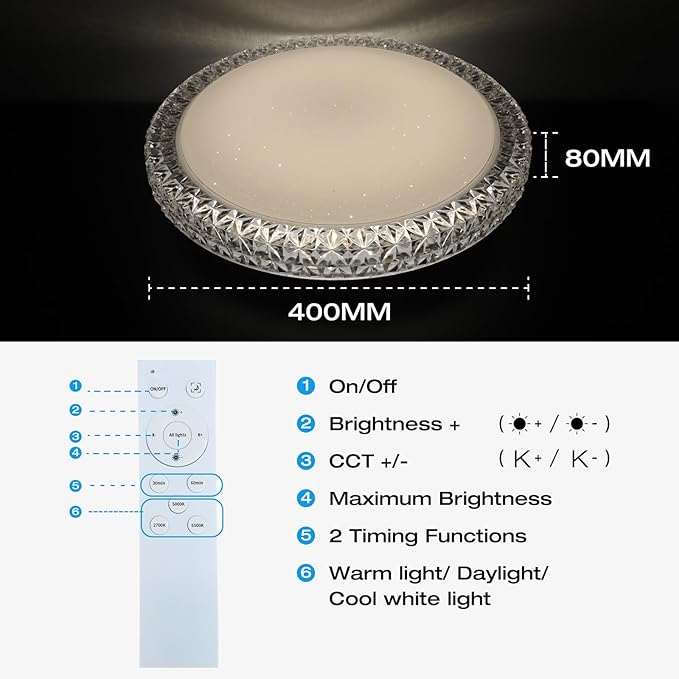 OOWOLF LED Ceiling Light, 40W 15.4 Inch Dimmable Ceiling Light Brightness Adjustable LED Fixture Lamp Modern Ceiling Lamp Close to Ceiling Lights for Bedroom Kitchen Living Room Lighting, 3000-6000K