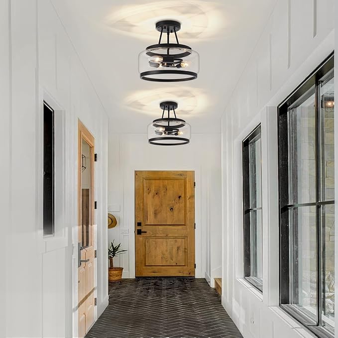 11.81" Black Glass Semi Flush Mount Ceiling Light, 3-Light Modern Light Fixture, Hallway Ceiling Lights, Ceiling Lamp for Entryway Bedroom Laundry Kitchen Dining Room Close to Ceiling Light Fixtures