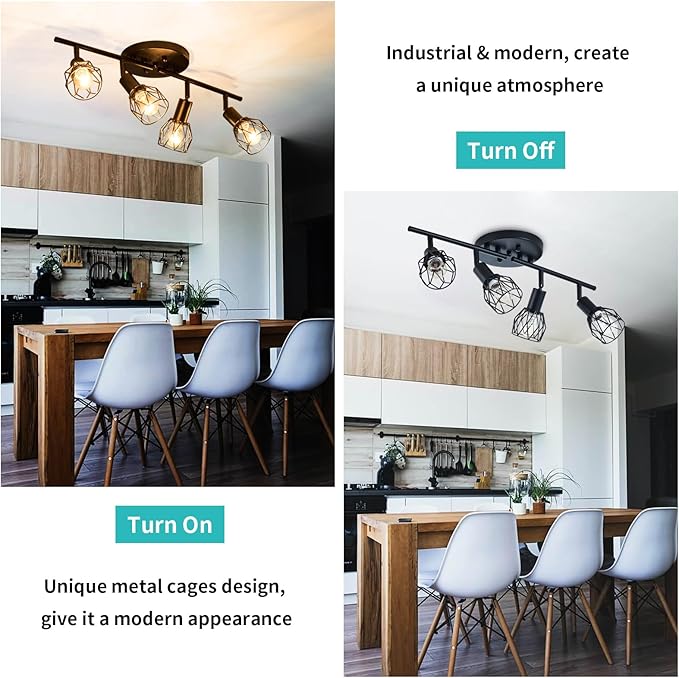Track Lighting Kit, 4-Light Adjustable Multi-Directional Ceiling Light Fixtures, Vintage Black Metal Wire Cage Farmhouse Light Fixtures Ceiling Mount for Kitchen Dining Table Hallway Bathroom Bedroom