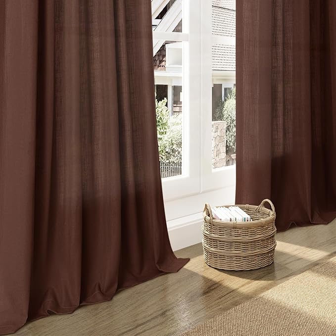 Rustic Brown Linen Curtains 90 Inch Long 2 Panels Set for Bedroom Living Room Linen Textured Window Drapes Semi Sheer Light Filtering Rod Pocket Back Tab Cotton Textured Farmhouse Curtain 52x90