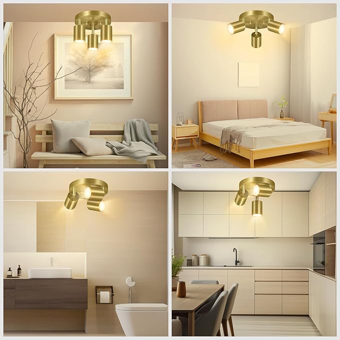 BoostArea LED 3 Light Track Lighting Kit, LED Track Lighting Fixtures, Gold Round Ceiling Spot Lighting, Flexibly Rotatable Light Head for Kitchen, Living Room, Bedroom, GU10 Bulb Not Included
