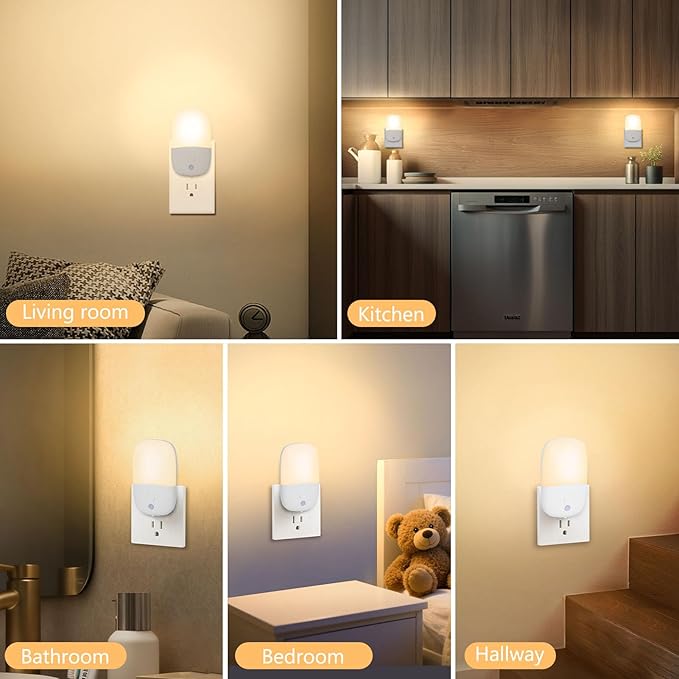 echosari Night Lights Plug into Wall, 2 Pack Dimmable Night Light with Dusk to Dawn Light Sensors, Warm White LED Nightlights for Bathroom Bedroom Kitchen Hallway Stairs