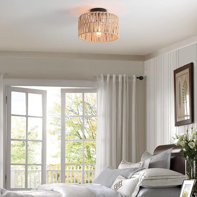 Coastal Woven Flush Mount Ceiling Light Fixture Rustic Industrial Hemp Rope Semi Flush Mount Ceiling Light for Hallway Bedroom Farmhouse Kitchen Entryway Hall, Black