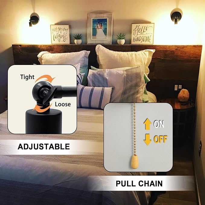 2-Pack Pull Chain Wall Sconce Adjustable, Hardwired Wall Light Fixtures with Switch Indoor E26 Small Black Sconces with Pull Switch for Kitchen Bedroom Hallway, No Bulb