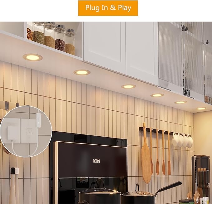 LED Puck Lights Wired Recessed Under Cabinet Lighting Dimmable,Halogen Bulb Retrofit Puck Light Plug in,60mm Cutout,3000k Warm White,12V Kitchen Counter, Book Shelves,Display Case,Curio Lamp,6pcs