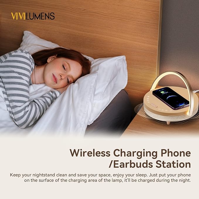 Vivilumens Gifts for Mom 6 in 1 Bedside Lamps with Wireless Charger Bluetooth Speaker White Noise Machine Music Table Lamp with Night Light Personalized Birthday Gift for Women Teens Girls(Rosy Beige