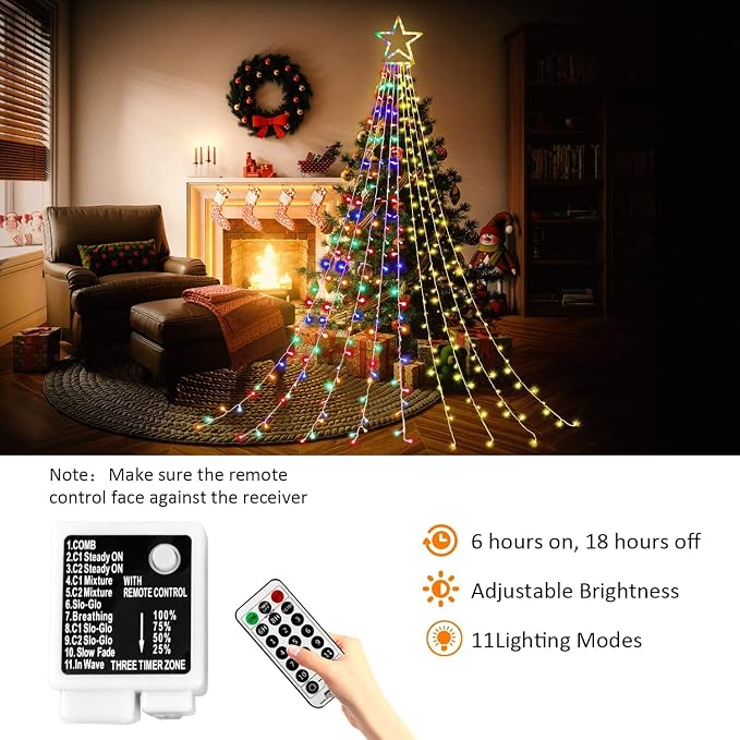 DANLI Outdoor Christmas Decoration Star String Lights,320 LED 16.4ft Christmas Lights Waterfall Tree Lights with 13" Topper Star,Plug-in Hanging Fairy Lights for Xmas New Year Holiday Party