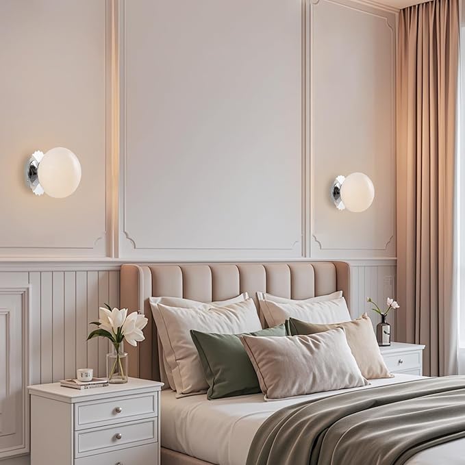 Modern Globe Glass Wall Sconces- Minimalist Home Shop Decor Wall Light 7" Glass Shade Hardwired- 1 Light Mid Century Wall Lamps Indoor Bedroom Bathroom Hallway Vanity Sconce Light (Chrome-White)