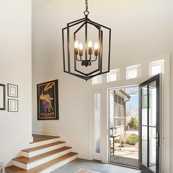 WJShome 18.1" Black Chandelier, 4-Light Farmhouse Dining Room Light Fixture, Industrial Ceilings Foyer Lighting Fixtures, Rustic Lantern Pendant Light, for Kitchen Island, Entryway, Staircase