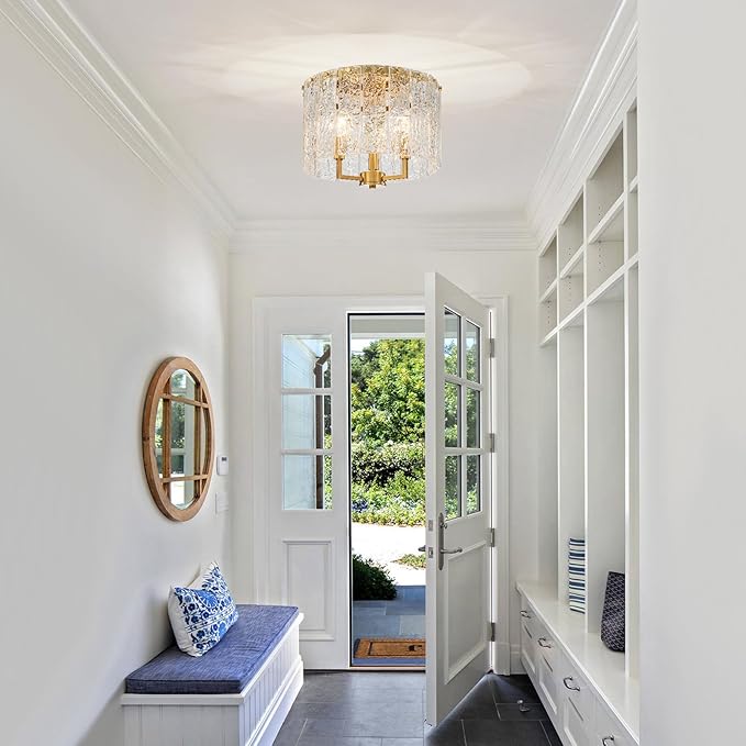 3-Light Modern Ceiling Light for Living Room, Bedroom, Foyer, Kitchen, Close to Ceiling Flushmount Light Fixture, D12.6 x H10.4 in, Handmade Glass Shade & Gold Finish Frame