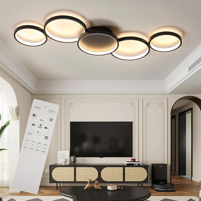 Modern LED Flush Mount Ceiling Light - 55w dimmable Ceiling Light Fixture, 5rings Ceiling lamp for Living Room,Bedroom,Dining Room,Office (Black)