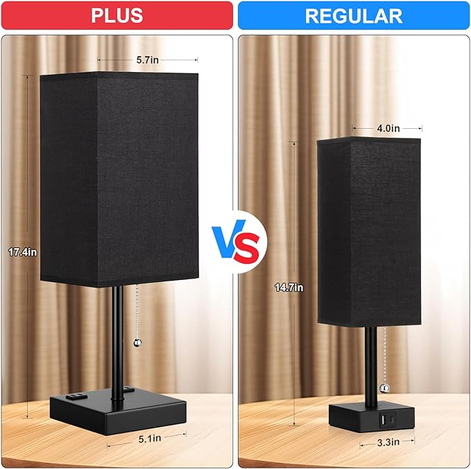 Plus Black Bedside Table Lamps Set of 2 - Bedroom Lamps with 3 Colors (3000K/5000K/4000K), Square Nightstand Lamp with USB C + A Charging Ports And 2 AC Outlets, Pull Chain Night Light For End Table