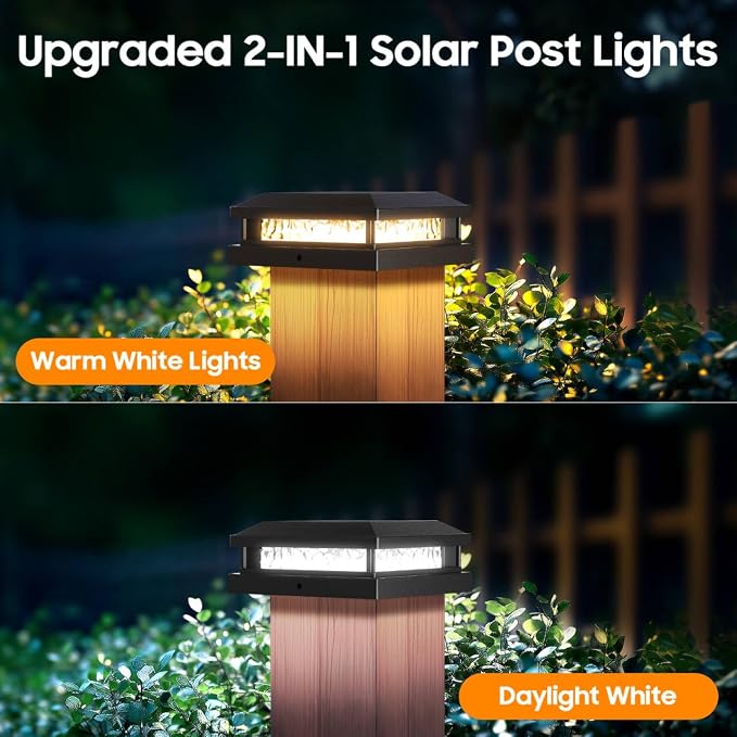 Solar Post Cap Lights 12 Pack, Upgraded Outdoor Fence Post Lights for 4x4 4.5x4.5 5x5 Vinyl/Wood Posts, Black Deck Posts Cap Light Solar Powered with Warm White/Cool White for Garden Patio Porch