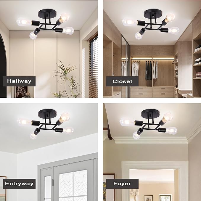 Finktonglan 4-Light Semi Flush Mount Ceiling Light, Matte Black Sputnik Ceiling Light Fixture, Modern Farmhouse E26 Chandelier for Kitchen, Dining Room, Bedroom, Hallway