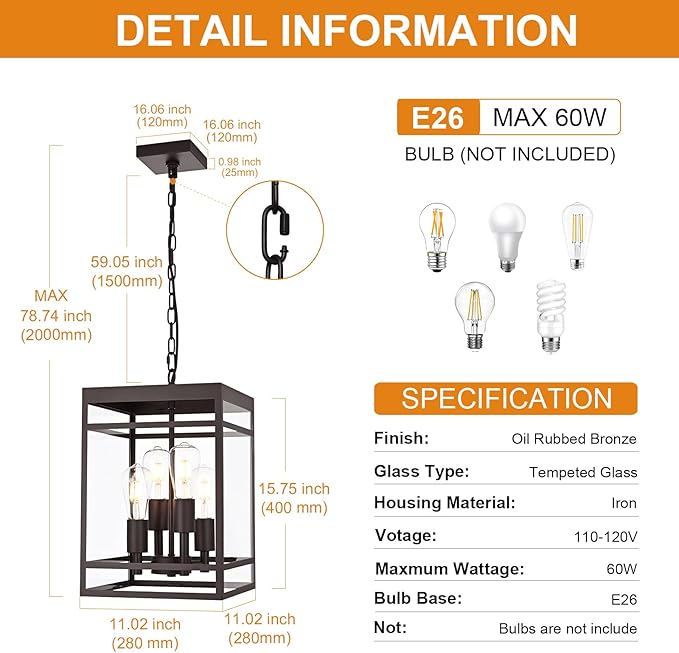 VINLUZ 4-Light 16" Outdoor Pendant Light with Adjustable Chain, Oil Rubbed Bronze Outdoor Hanging Light Fixture, Exterior Hanging Lantern Chandelier for Entryway Patio Garden