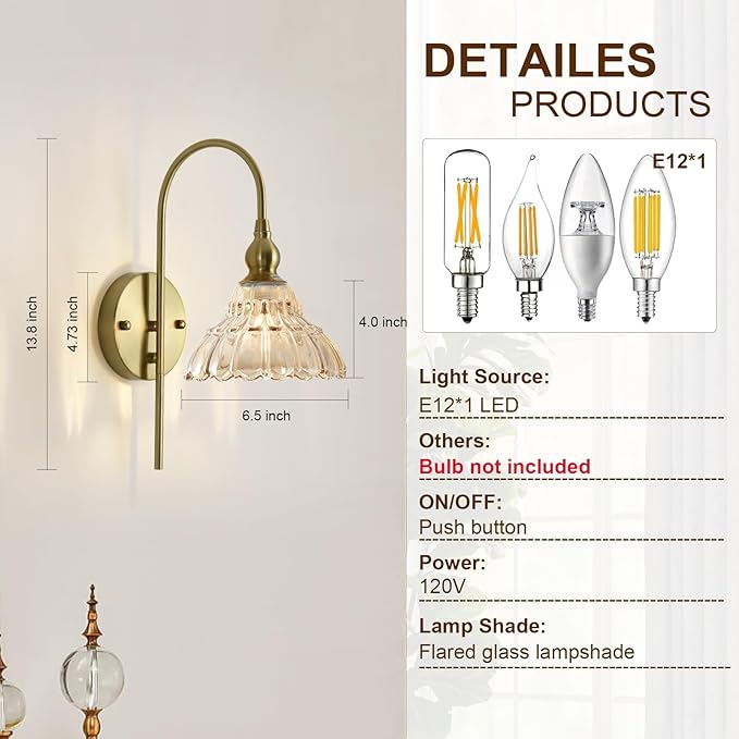 Vintage Wall Sconces with Amber Flower Glass Lampshade, Indoor Bath-Room Wall Sconce, Modern Gold Industrial Lighting Fixture for Mirror Living Room Hallway 1 Pack