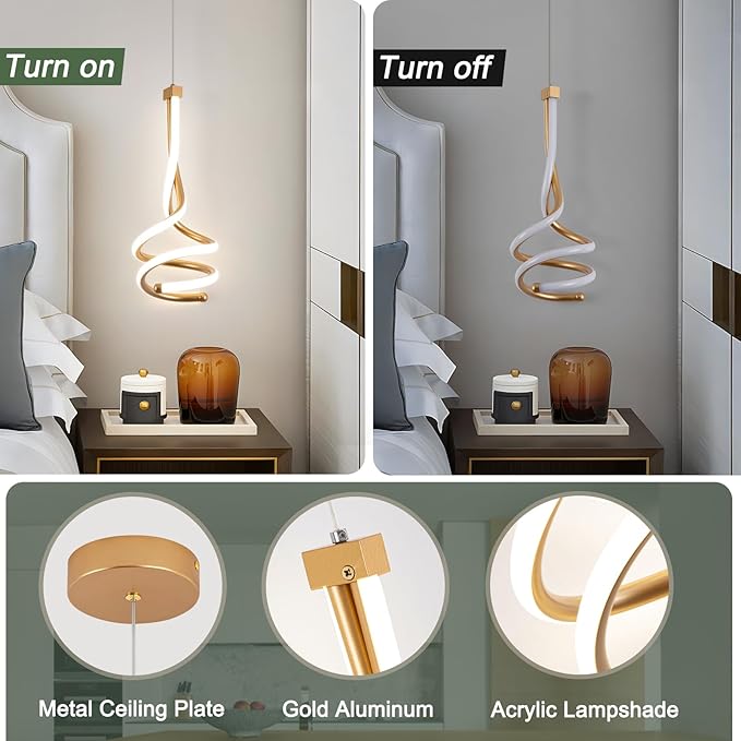 EIDISUNY Modern Pendant Light, Spiral LED Pendant Light Fixture, 4500K LED Hanging Lamp, Gold Chandelier Lights Fixture, 20W Adjustable for Kitchen Island, Dining Room, Bedroom,1 Pack