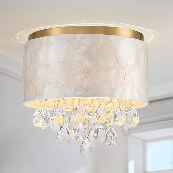 3-Light Capiz Shell Drum Crystal Ceiling Light, D12xH11 Inch, Coastal Design Close to Ceiling Flushmount Light Fixture for Dining Room, Bedroom, Kitchen, Shell Lampshade & Gold Finish Frame