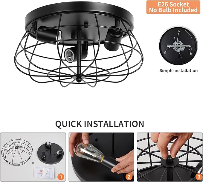 Farmhouse Flush Mount Ceiling Light Black Ceiling Light Fixtures 3-Light Industrial Flush Mount Ceiling Light Metal Cage Ceiling Lights for Kitchen Bedroom Living Room Hallway Foyer(E26 Base)