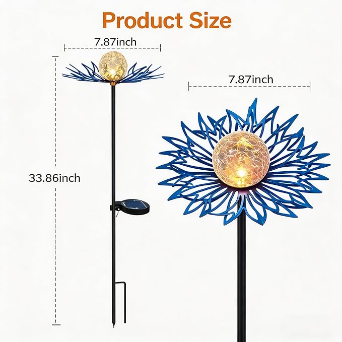 Solar Lights Outdoor Garden Decor, Metal Flower Crackle Glass Globe Solar Stake Lights, Waterproof LED Yard Decorations for Patio, Lawn, Pathway, Landscape Gifts for Women Mom(Blue)