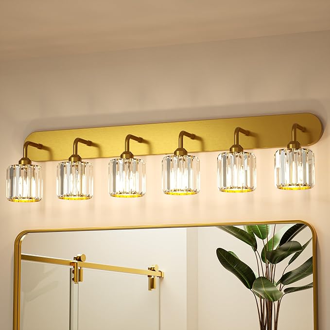 Keonjinn 6-Light Bathroom Light Fixtures, Crystal Gold Bathroom Vanity Lights Over Mirror, Vanity Lighting Fixtures with Crystal Square Shades (E26 Socket, Exclude Bulb)