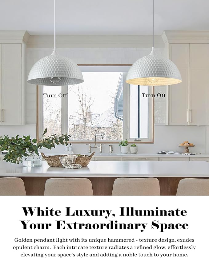 Hammered Dome Pendant Light 1 Pack, White Pendant Lights, 12 Inch Metal Industrial Pendant Light, Kitchen Island Pendant Lights for Kitchen, Dining Room, Bar