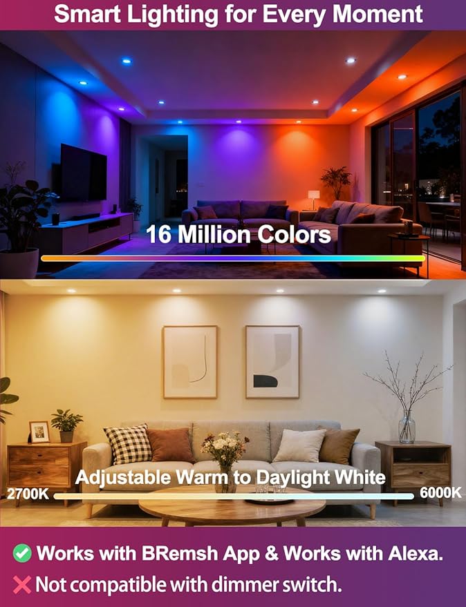 ILC 6 inch led recessed Light, Work with Alexa (Hub Required), App Controlled, RGB Color Changing, 16 Million Colors, CCT: 2700K-6000K, 14W, 120W Equivatlent, 1400LM, CRI 90, Bluetooth Mesh, 6 Packs