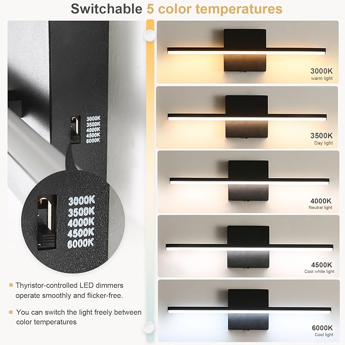 Modern Bathroom Vanity Light 16 Inch, 14W Black Bathroom Light Fixture Over Mirror, Dimmable 5CCT LED Wall Sconce Lighting for Restroom Mirro