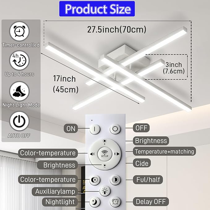 42W Modern LED Ceiling Light Fixture, 27.5Inch White Flush Mount Ceiling Light for Bedroom ‎Kitchen Living Room Bathroom Garage Farmhouse Dining Hallway Stepless Dimming 3 Color 6500K