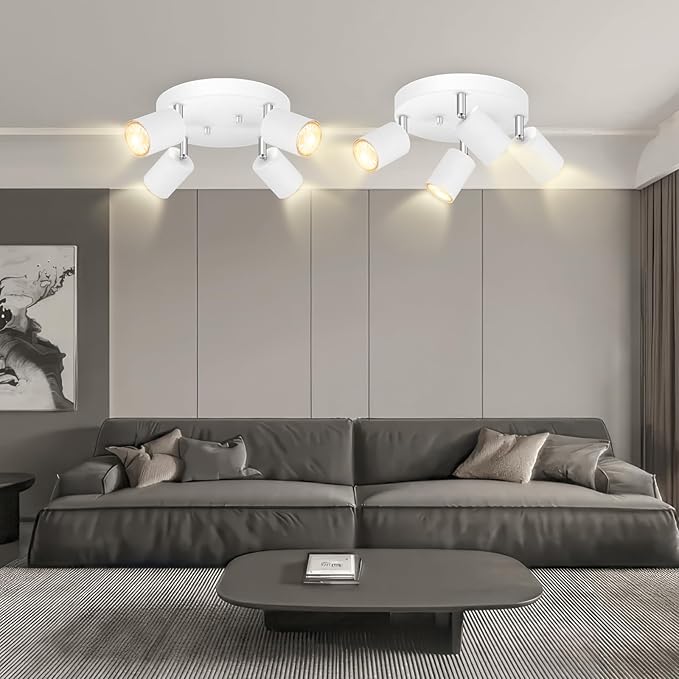 4 Light Track Lighting Fixtures Ceiling, Matte White Round Directional Ceiling Spotlight, GU10 Flush Mount Track Fixture, Adjustable Modern LED Track Lights for Kitchen/Living Room, Bulb Not Included