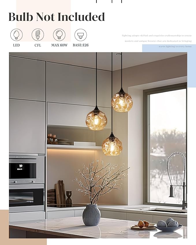 Emliviar 3-Light Cluster Pendant Lamp with Hammered Glass, Linear Barn Hanging Pendant Lighting for Dining Room in Amber Finish, DYE287G2-3 BK