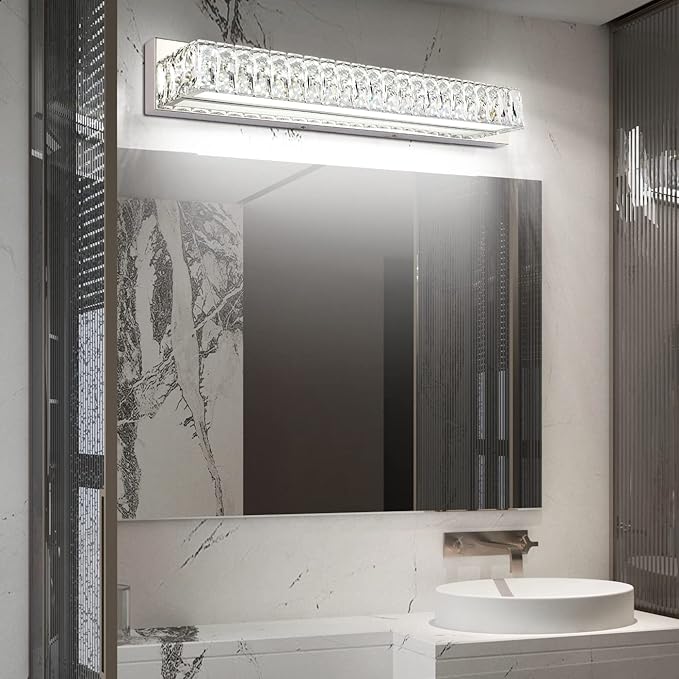 ZUZITO Modern Bathroom Light Fixtures Over Mirror 30 inch Crystal Chrome LED Vanity Light Bar White Light 6000K (7500-760mm)